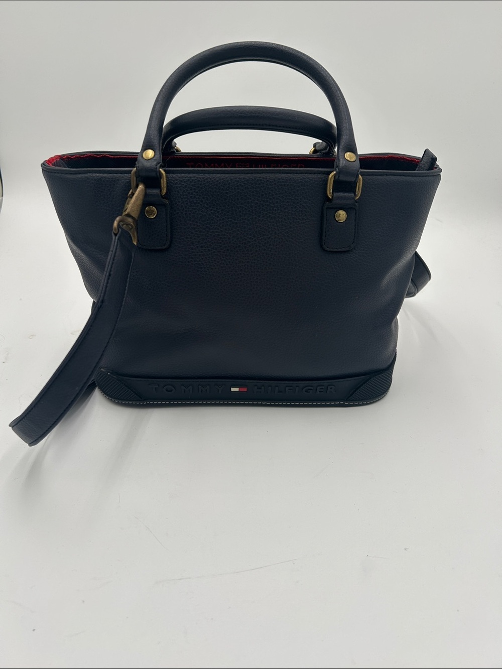 Y2K Tommy Hilfiger Navy Pebbled Leather Tote Bag  Detachable Crossbody Strap